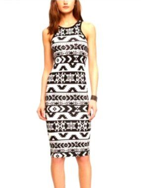 Womens Express Black White Stretch Cotton Bodycon Midi Aztec Tank Dress Medium M